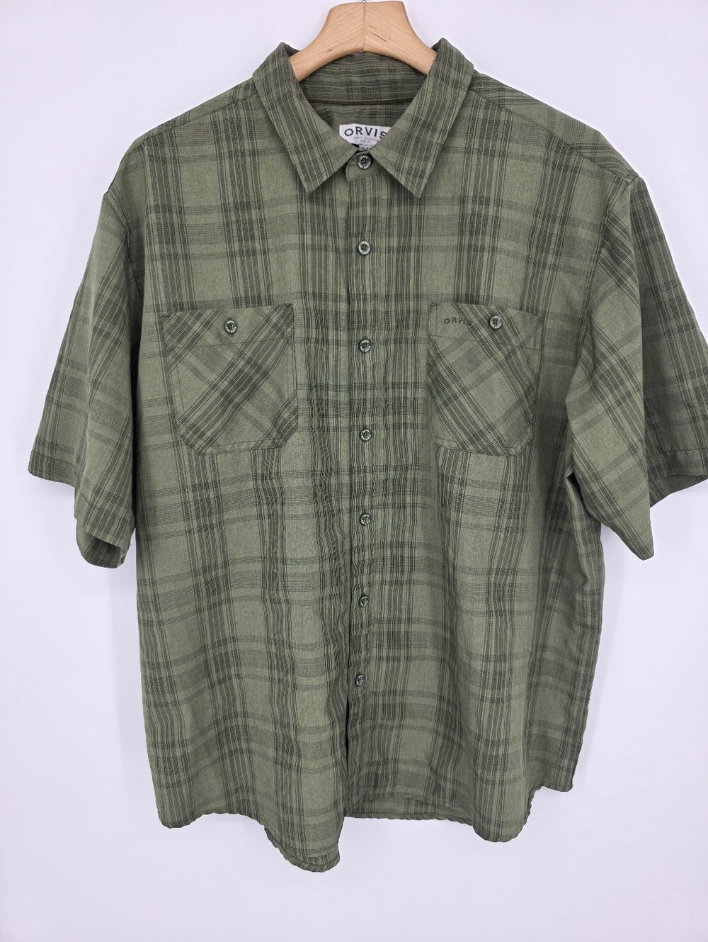 Orvis Olive Green Plaid Short-Sleeve Button-Down Shirt Size XXL.